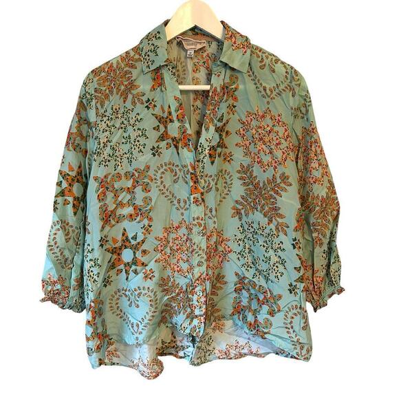 Johnny Was 100% Washable Silk Corbetta Smocked Boho Shirt Blouse - XS - Picture 2 of 6